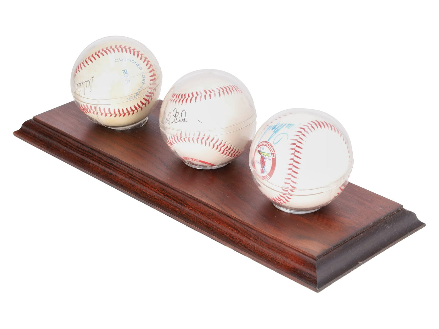 Whitey Ford, Lou Brock, & Bob Gibson Autographed Baseballs w/Wooden Display VG