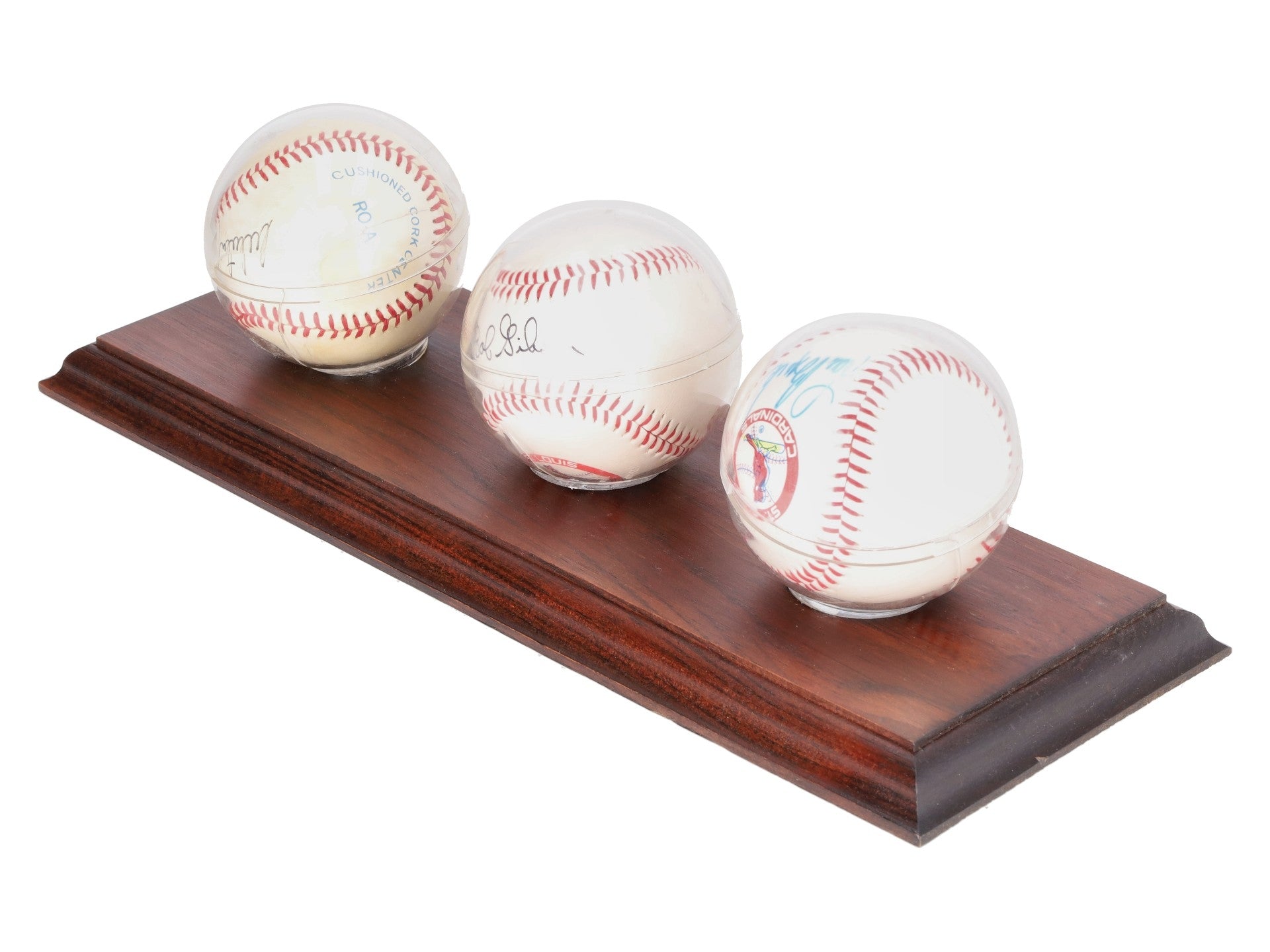 Whitey Ford, Lou Brock, & Bob Gibson Autographed Baseballs w/Wooden Display VG