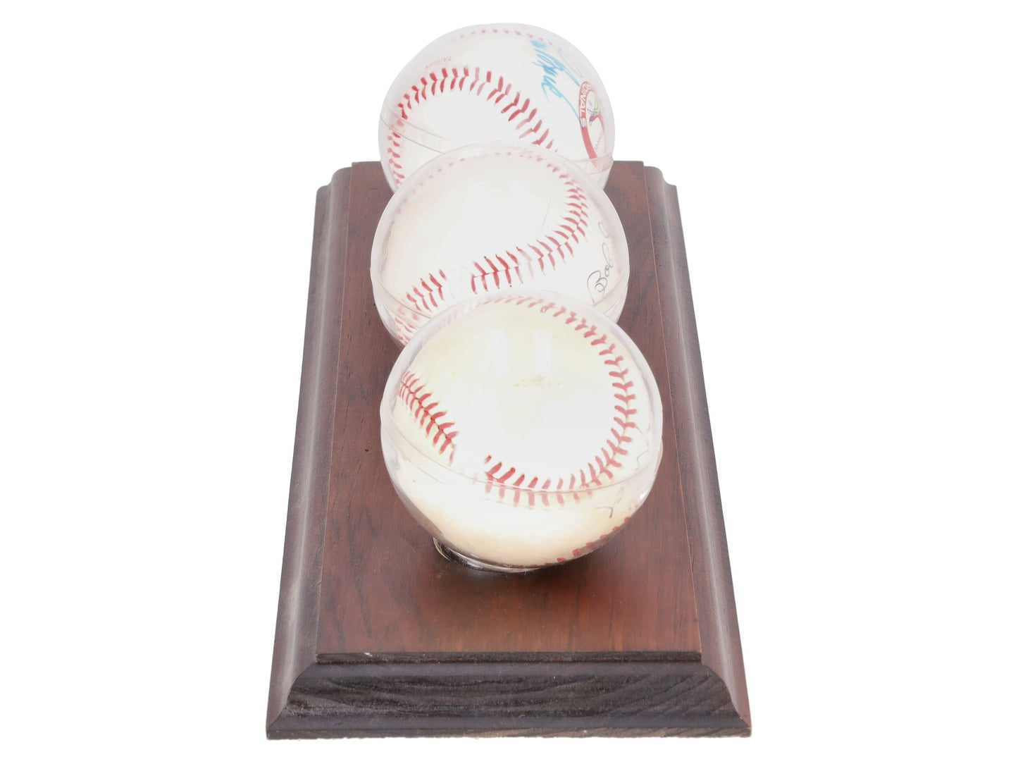 Whitey Ford, Lou Brock, & Bob Gibson Autographed Baseballs w/Wooden Display VG