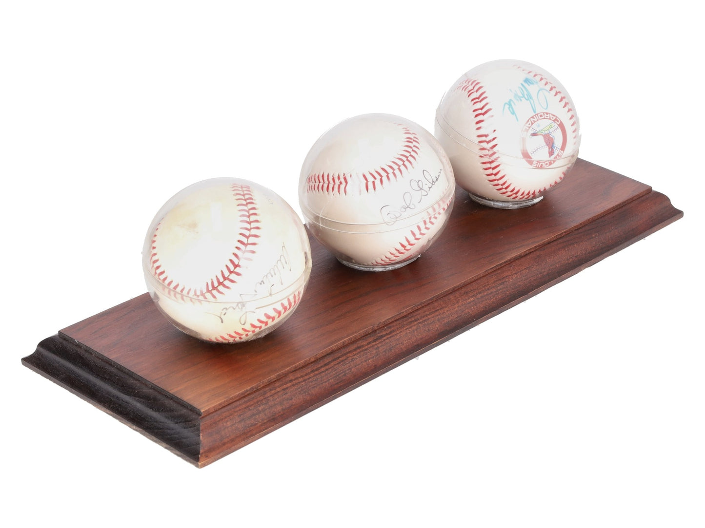 Whitey Ford, Lou Brock, & Bob Gibson Autographed Baseballs w/Wooden Display VG