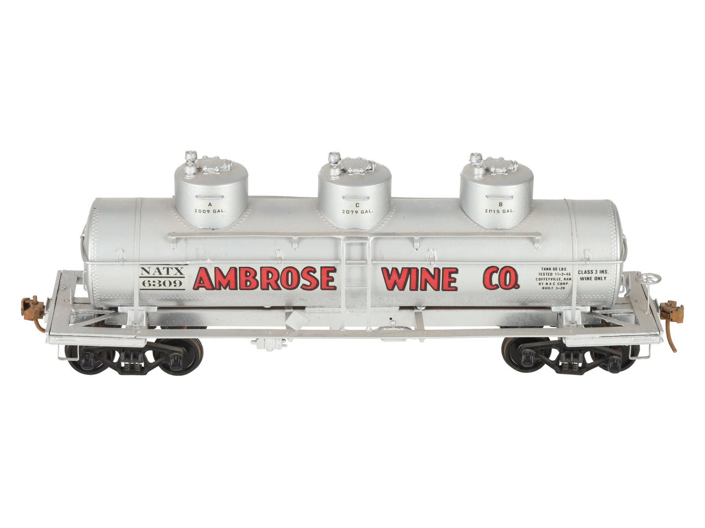 O Scale Brass Ambrose Wine 3-Dome Tank Car #6309 (2-Rail) - Painted