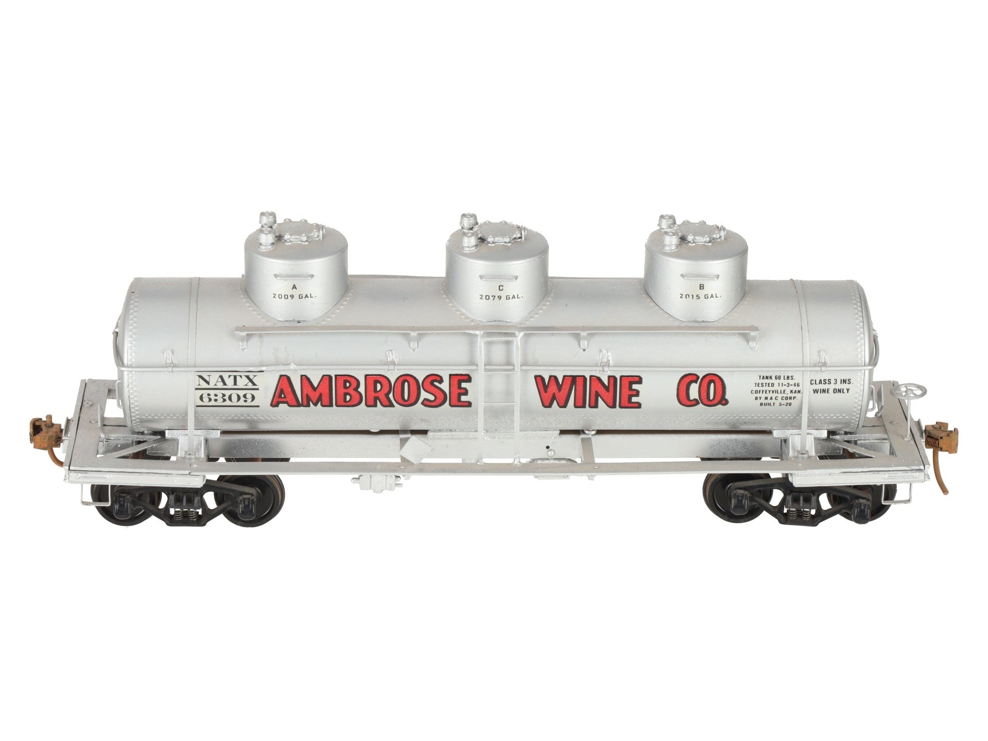 O Scale Brass Ambrose Wine 3-Dome Tank Car #6309 (2-Rail) - Painted