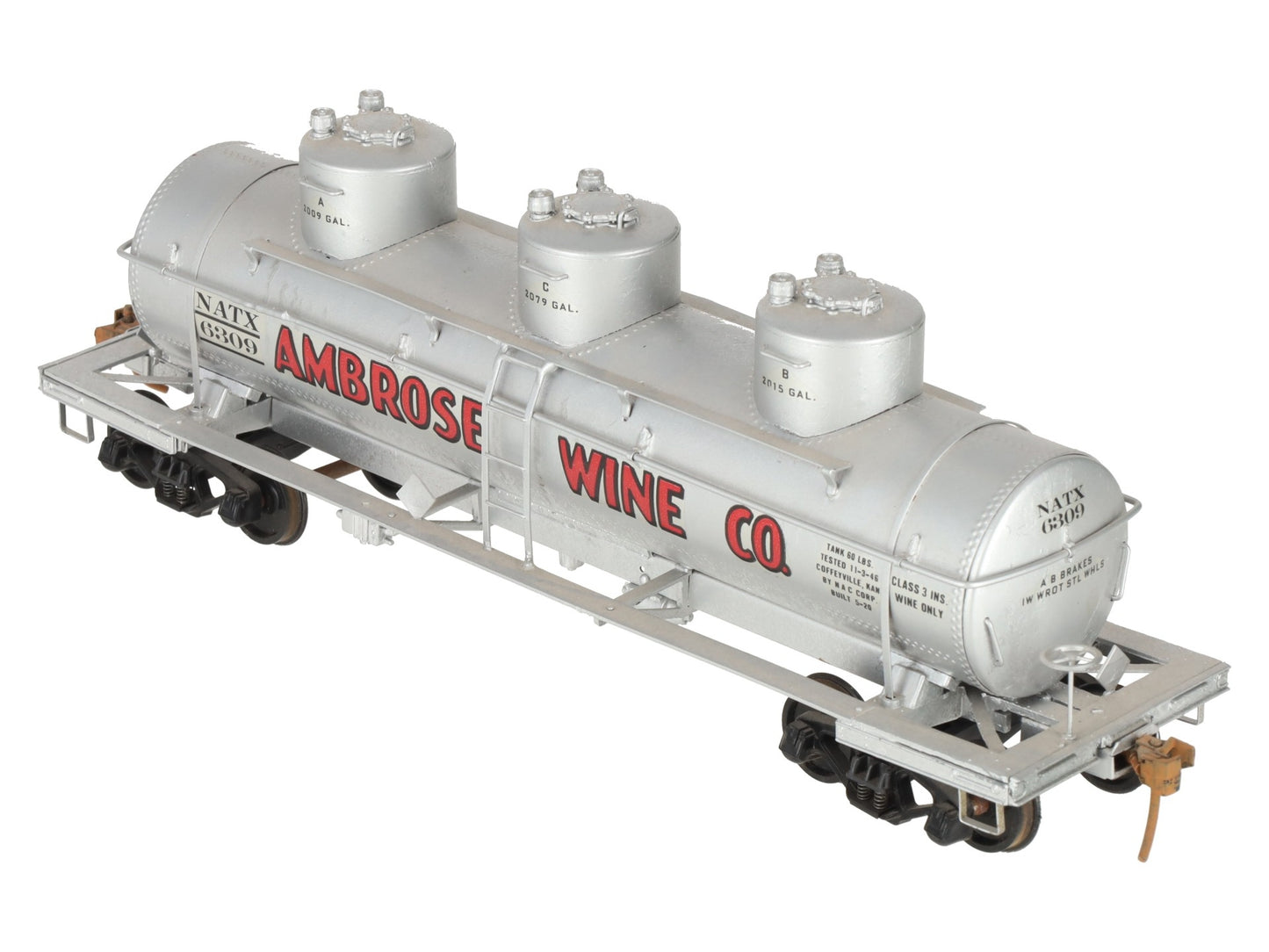 O Scale Brass Ambrose Wine 3-Dome Tank Car #6309 (2-Rail) - Painted