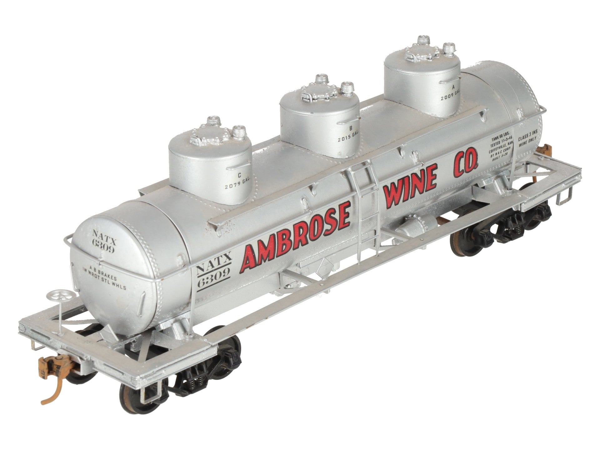 O Scale Brass Ambrose Wine 3-Dome Tank Car #6309 (2-Rail) - Painted