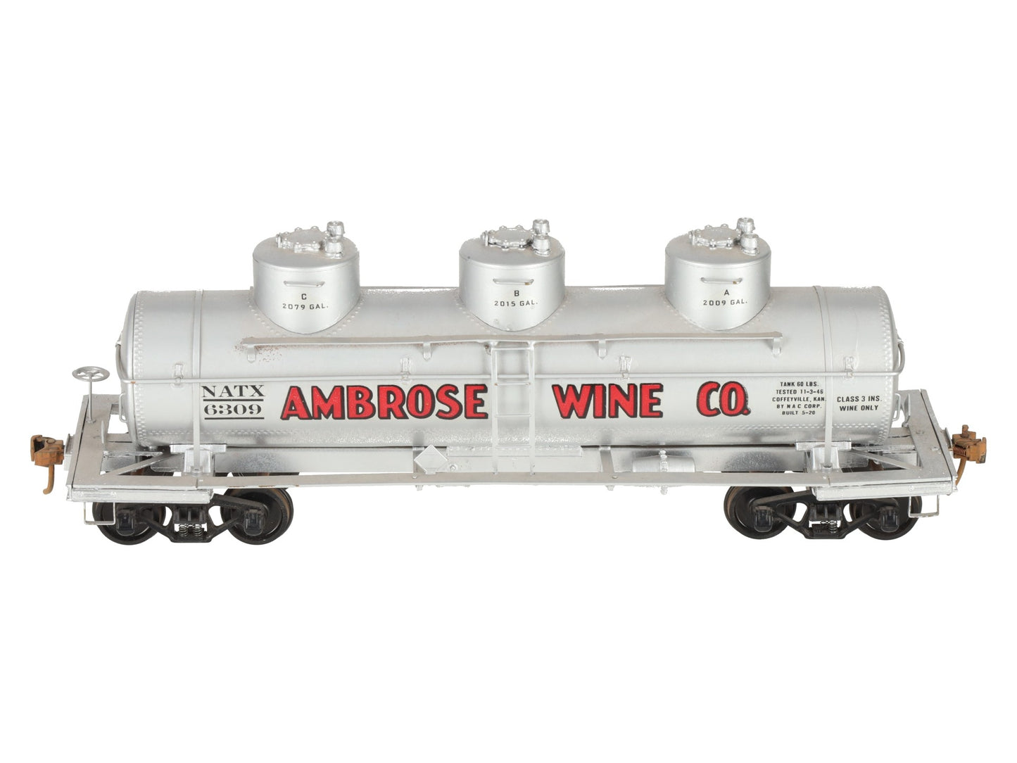 O Scale Brass Ambrose Wine 3-Dome Tank Car #6309 (2-Rail) - Painted