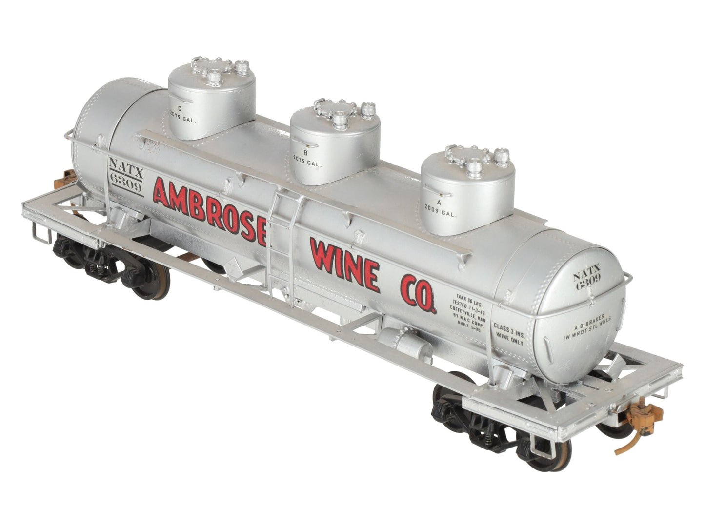 O Scale Brass Ambrose Wine 3-Dome Tank Car #6309 (2-Rail) - Painted