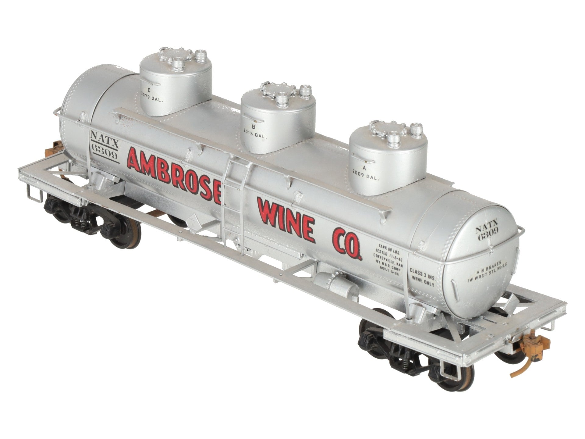 O Scale Brass Ambrose Wine 3-Dome Tank Car #6309 (2-Rail) - Painted