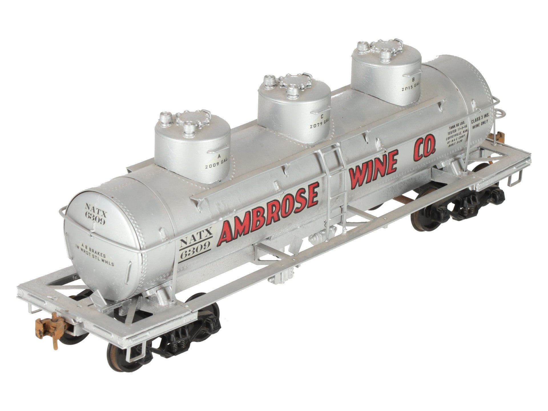 O Scale Brass Ambrose Wine 3-Dome Tank Car #6309 (2-Rail) - Painted