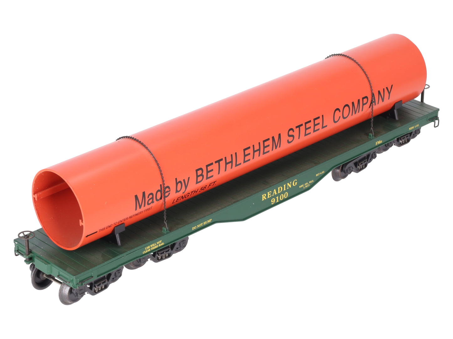 K-Line K693-1931 O Scale Reading Flatcar w/ Bethlehem Steel Pipe Load #9100 EX/Box