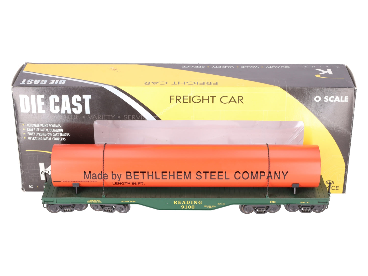 K-Line K693-1931 O Scale Reading Flatcar w/ Bethlehem Steel Pipe Load #9100 EX/Box