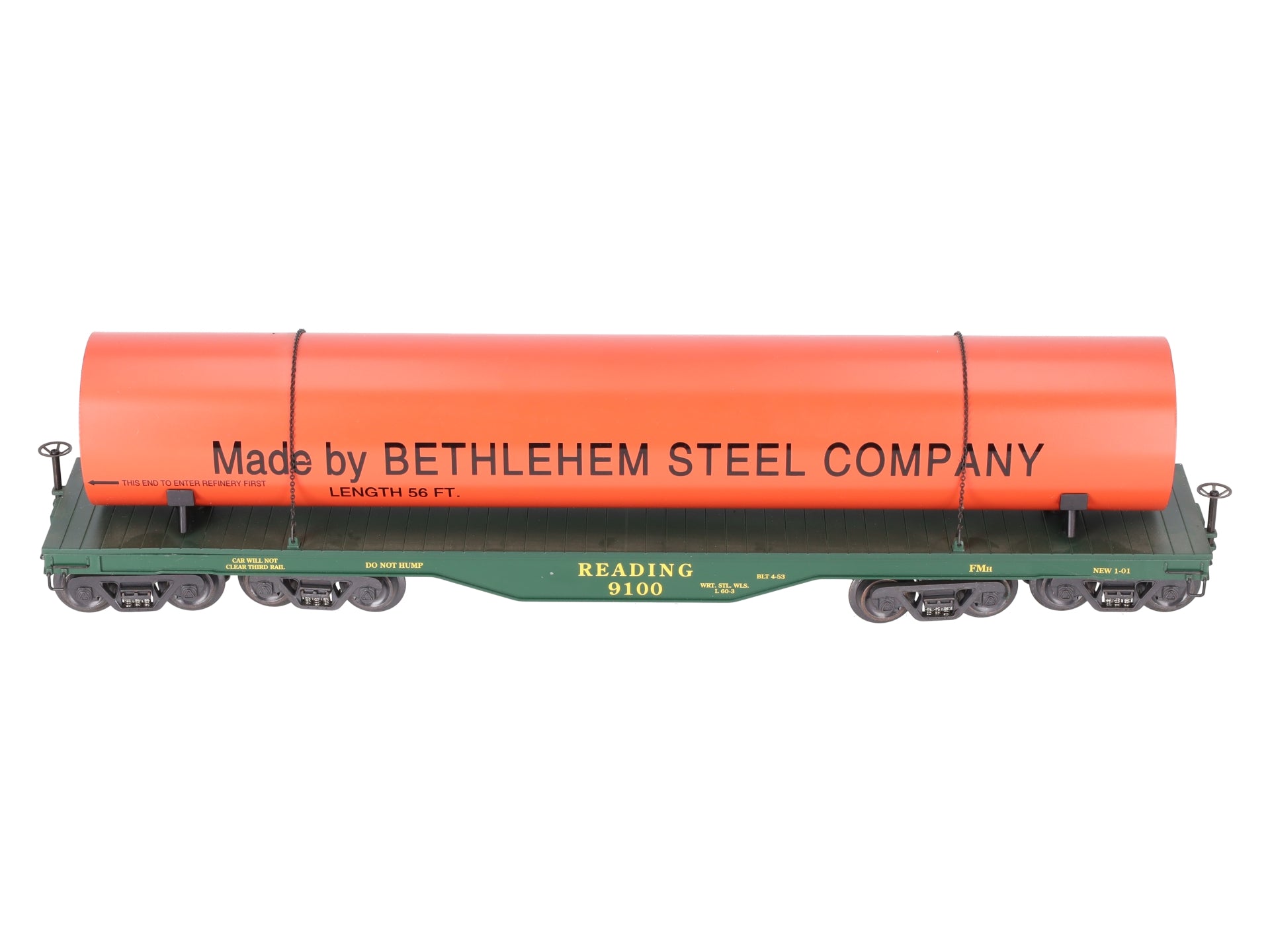 K-Line K693-1931 O Scale Reading Flatcar w/ Bethlehem Steel Pipe Load #9100 EX/Box