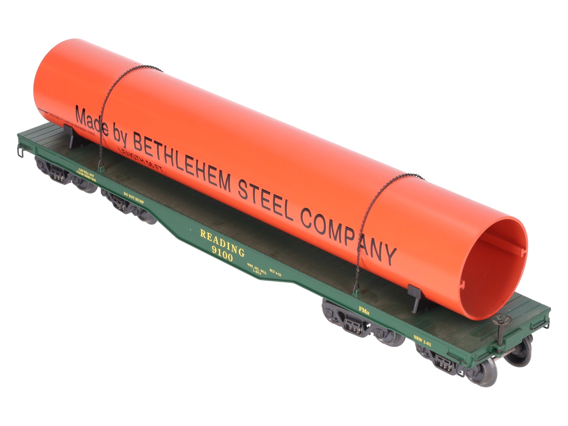K-Line K693-1931 O Scale Reading Flatcar w/ Bethlehem Steel Pipe Load #9100 EX/Box