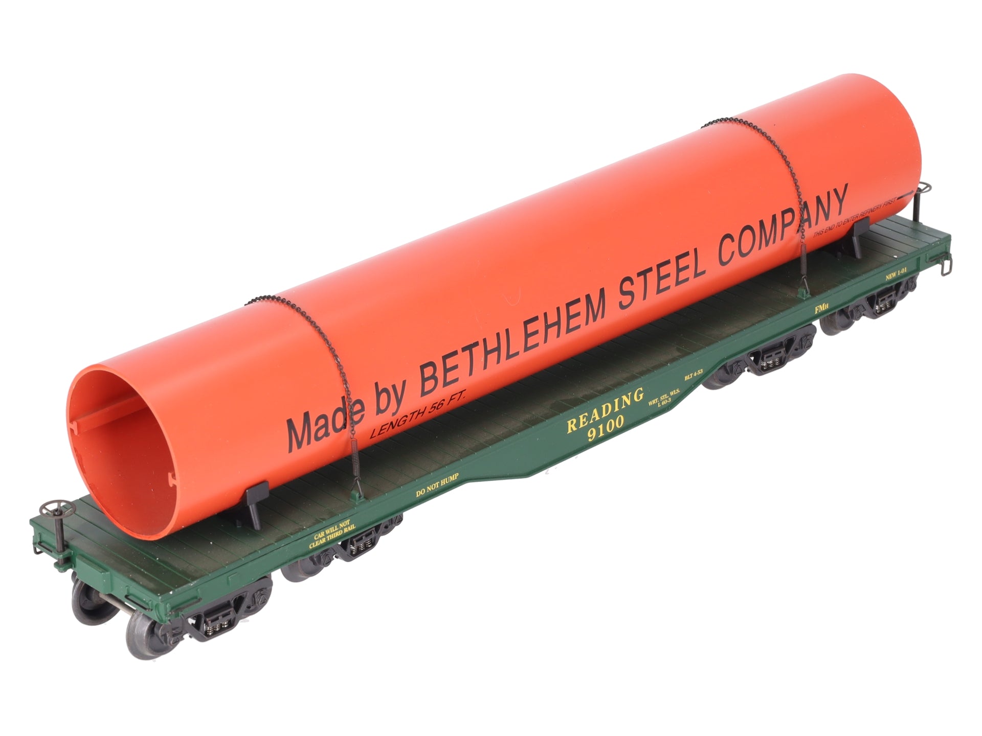 K-Line K693-1931 O Scale Reading Flatcar w/ Bethlehem Steel Pipe Load #9100 EX/Box