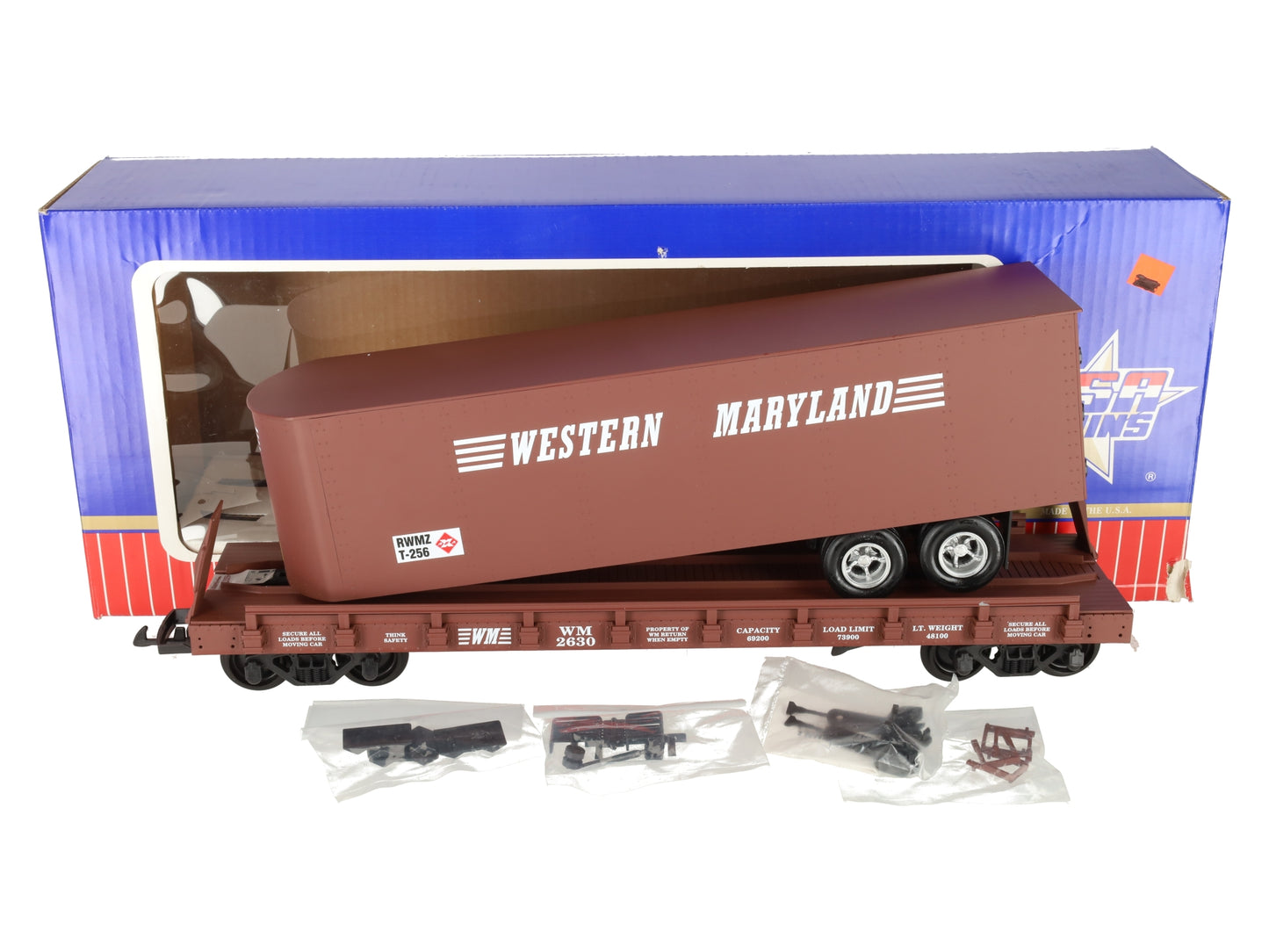 USA Trains 17022 G Western Maryland Piggyback Flatcar with Trailer
