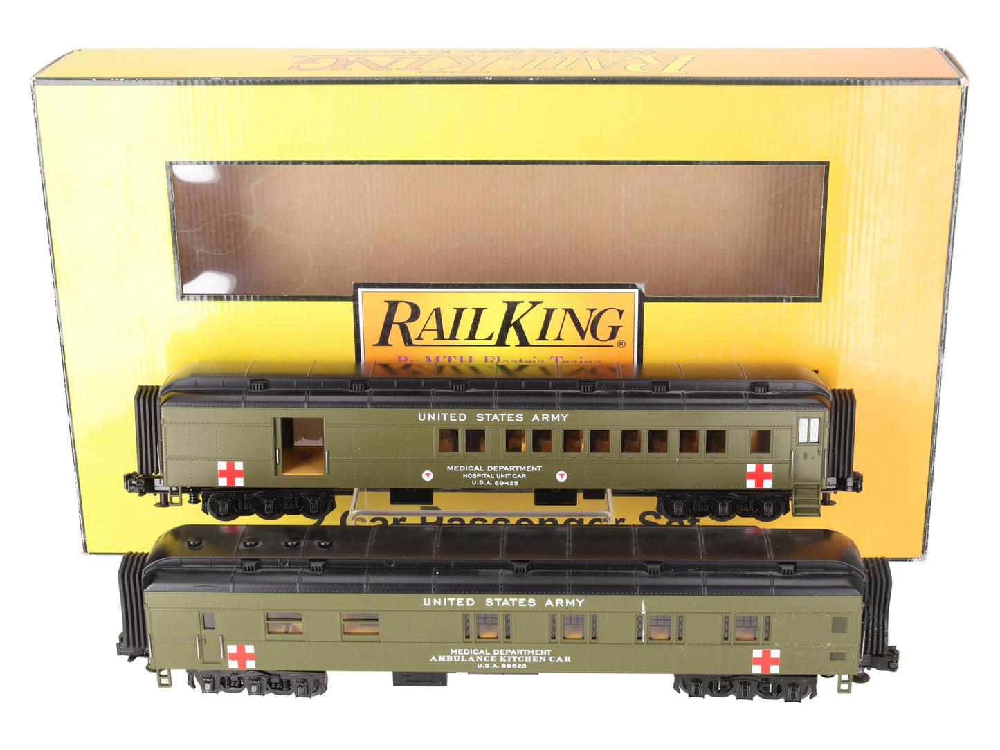 MTH 30-69256 O U.S. Army 2-Car 60' Madison Combo/Diner Set #89425, #89623 EX/Box