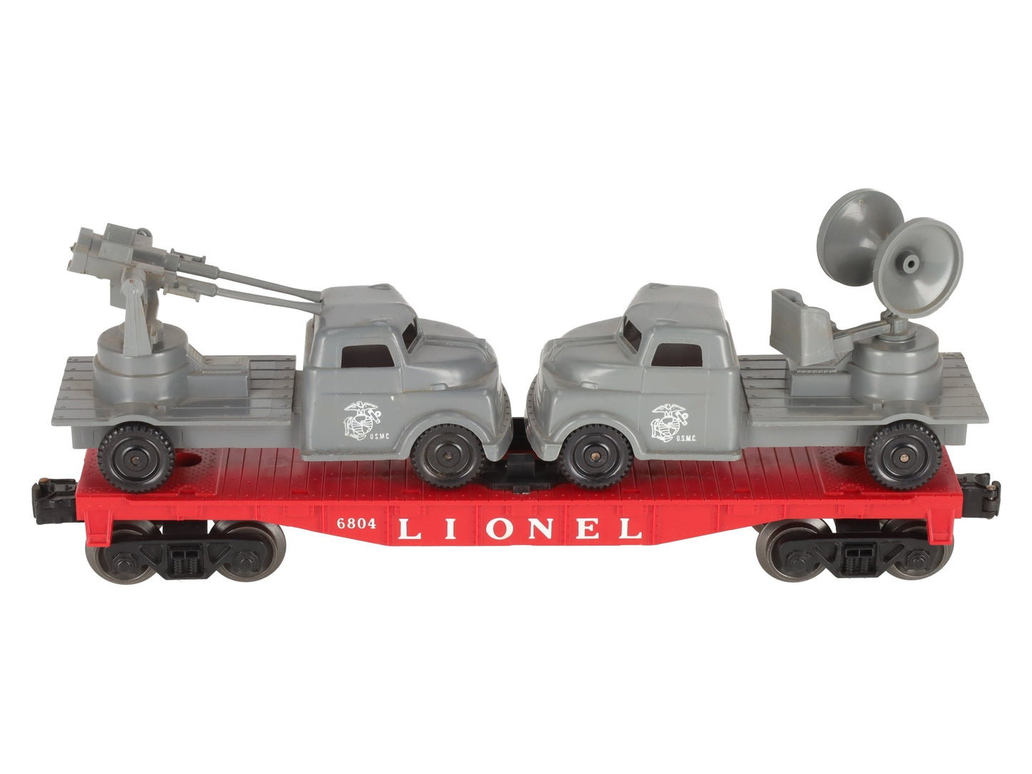 Lionel 6804 Vintage O Flatcar w/ USMC AA Gun Truck & Sound Truck EX