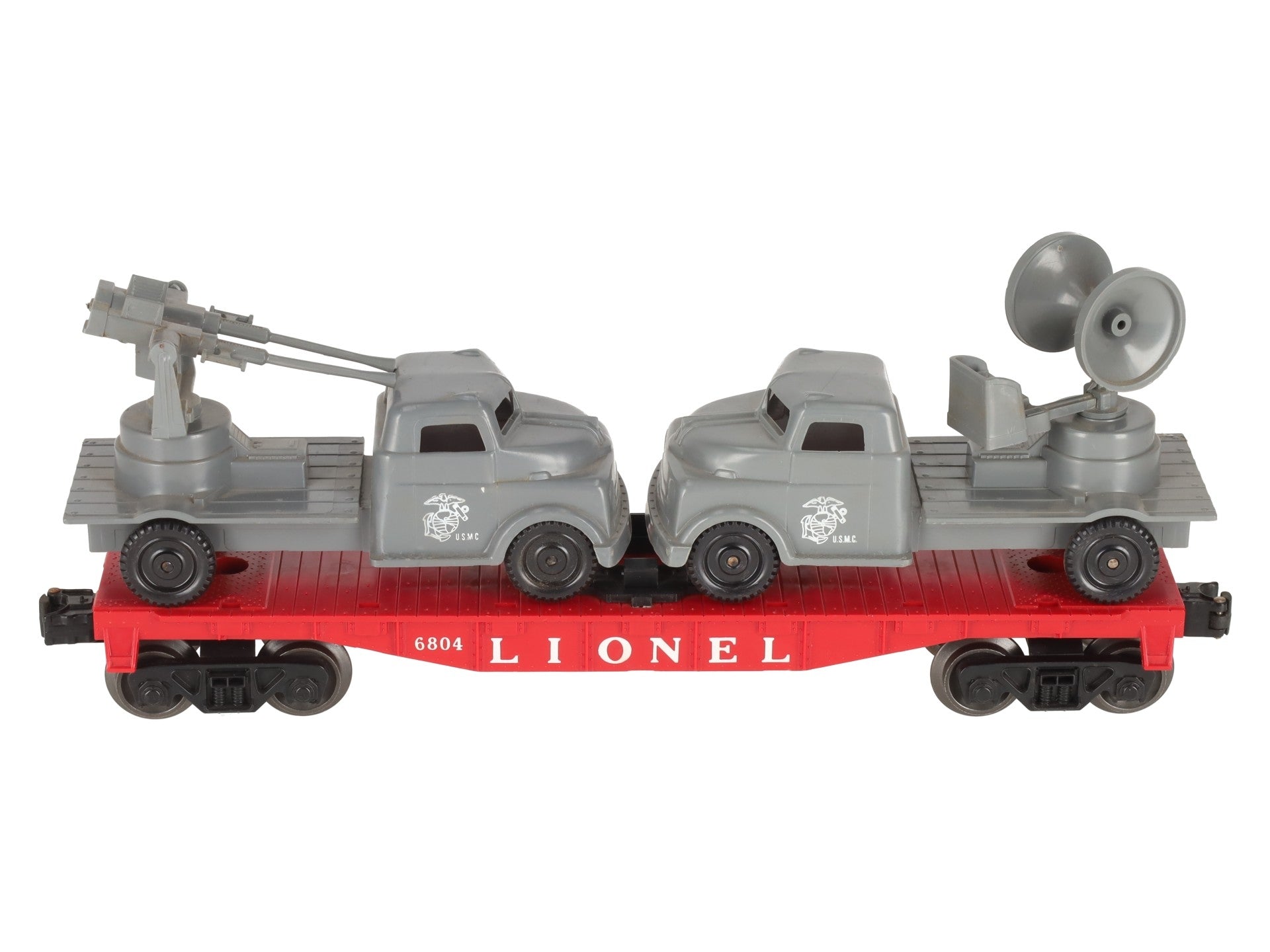 Lionel 6804 Vintage O Flatcar w/ USMC AA Gun Truck & Sound Truck EX