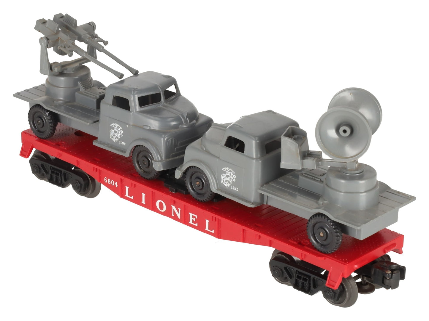 Lionel 6804 Vintage O Flatcar w/ USMC AA Gun Truck & Sound Truck EX