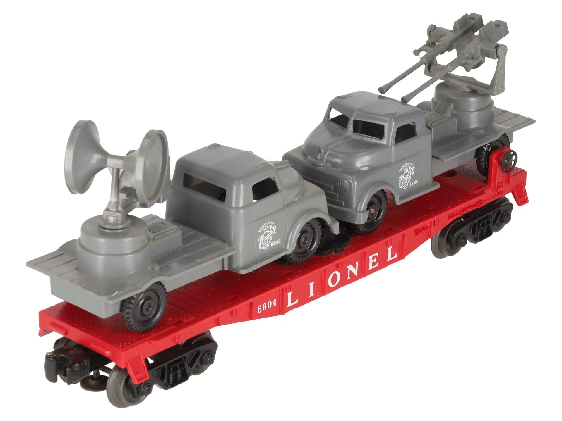 Lionel 6804 Vintage O Flatcar w/ USMC AA Gun Truck & Sound Truck EX