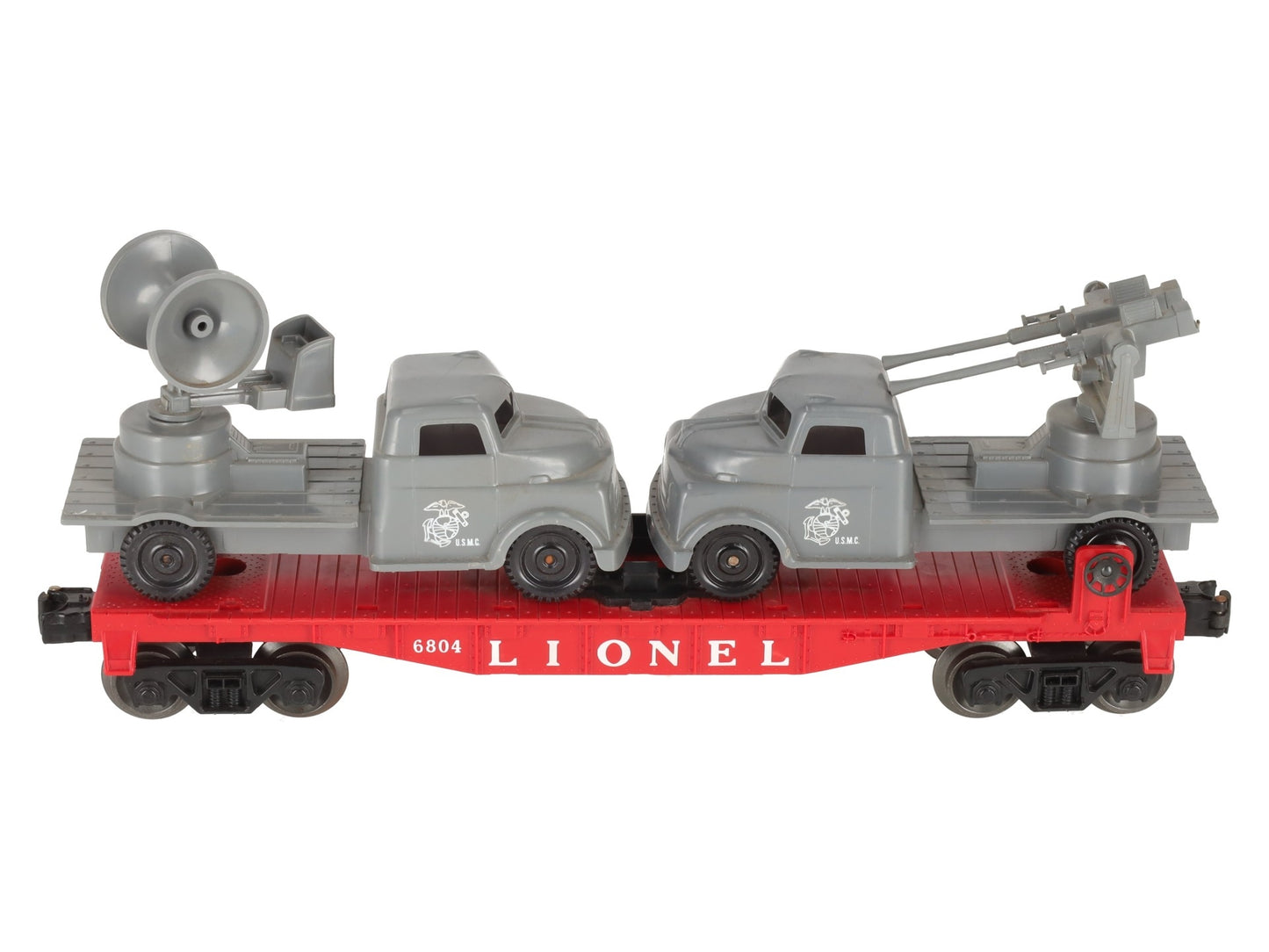 Lionel 6804 Vintage O Flatcar w/ USMC AA Gun Truck & Sound Truck EX