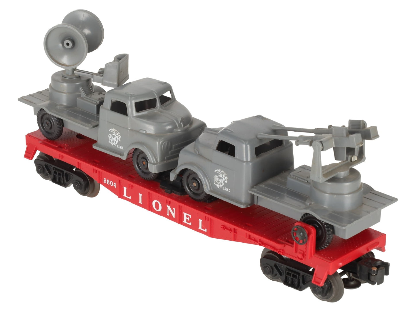 Lionel 6804 Vintage O Flatcar w/ USMC AA Gun Truck & Sound Truck EX