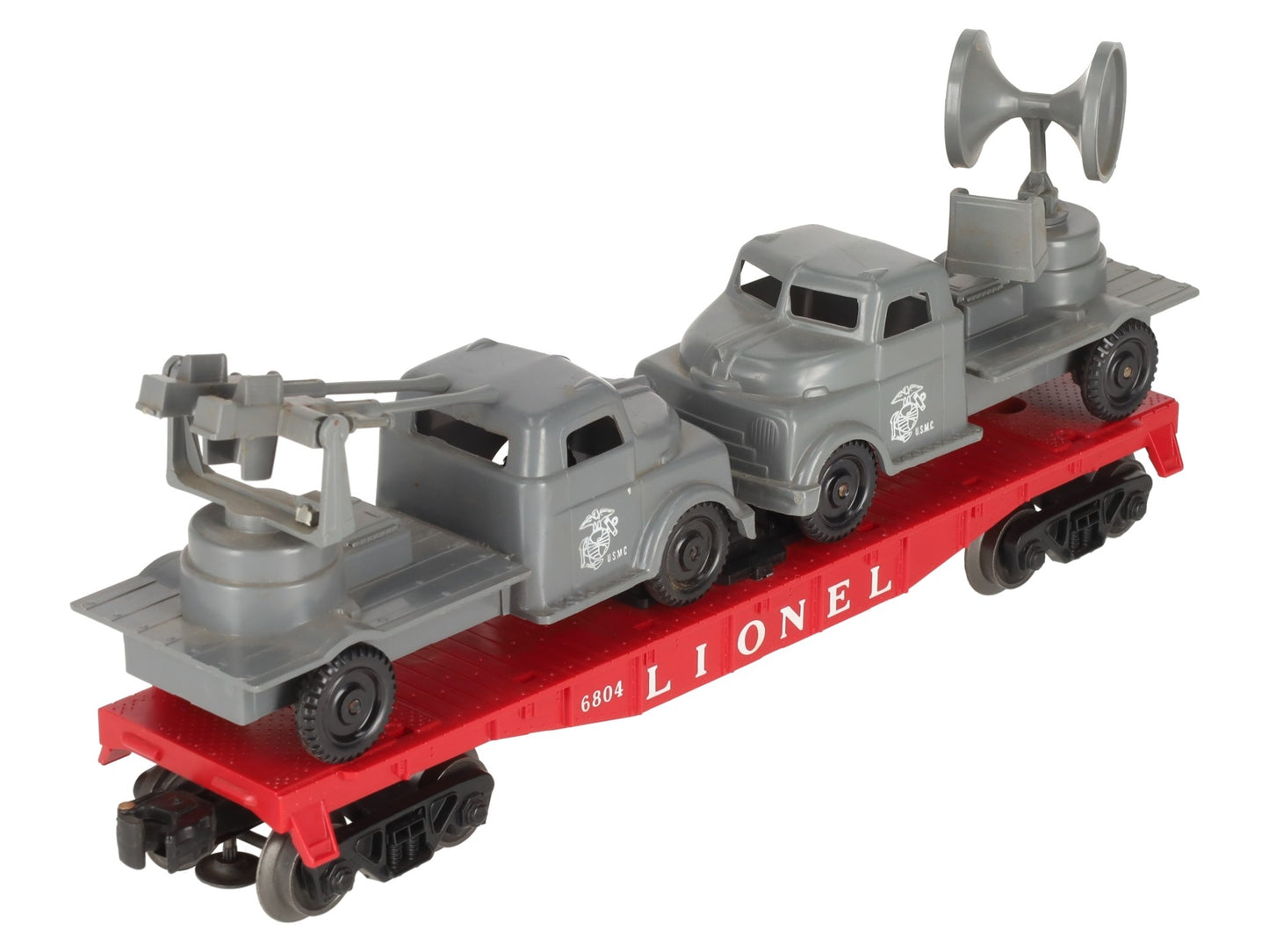 Lionel 6804 Vintage O Flatcar w/ USMC AA Gun Truck & Sound Truck EX