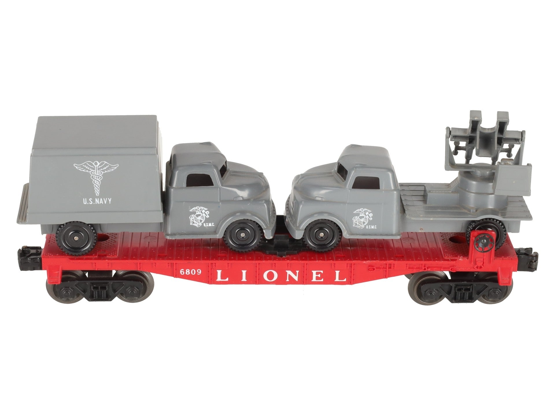 Lionel 6809 Vintage O Flatcar w/USMC AA Gun Truck & Medical Box Truck EX
