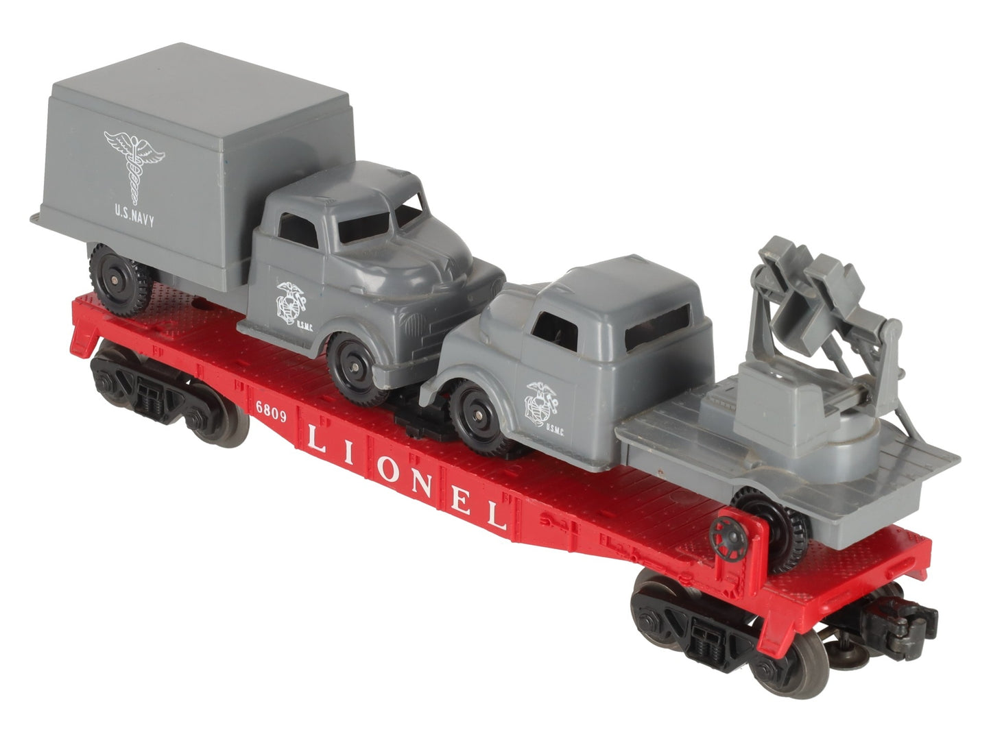 Lionel 6809 Vintage O Flatcar w/USMC AA Gun Truck & Medical Box Truck EX
