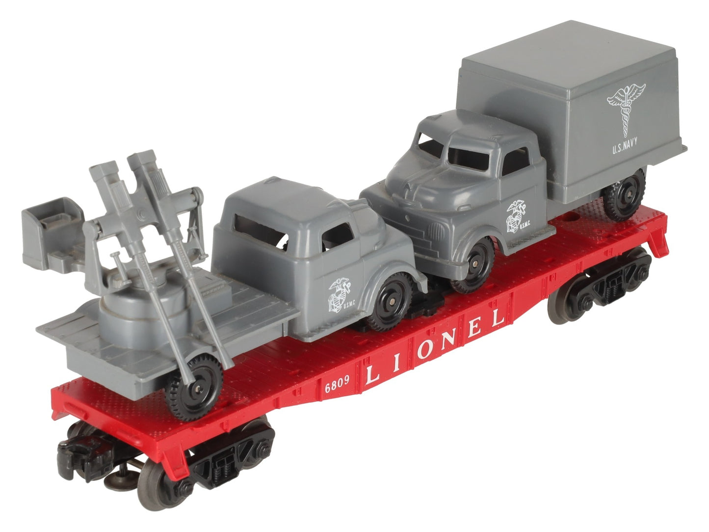 Lionel 6809 Vintage O Flatcar w/USMC AA Gun Truck & Medical Box Truck EX