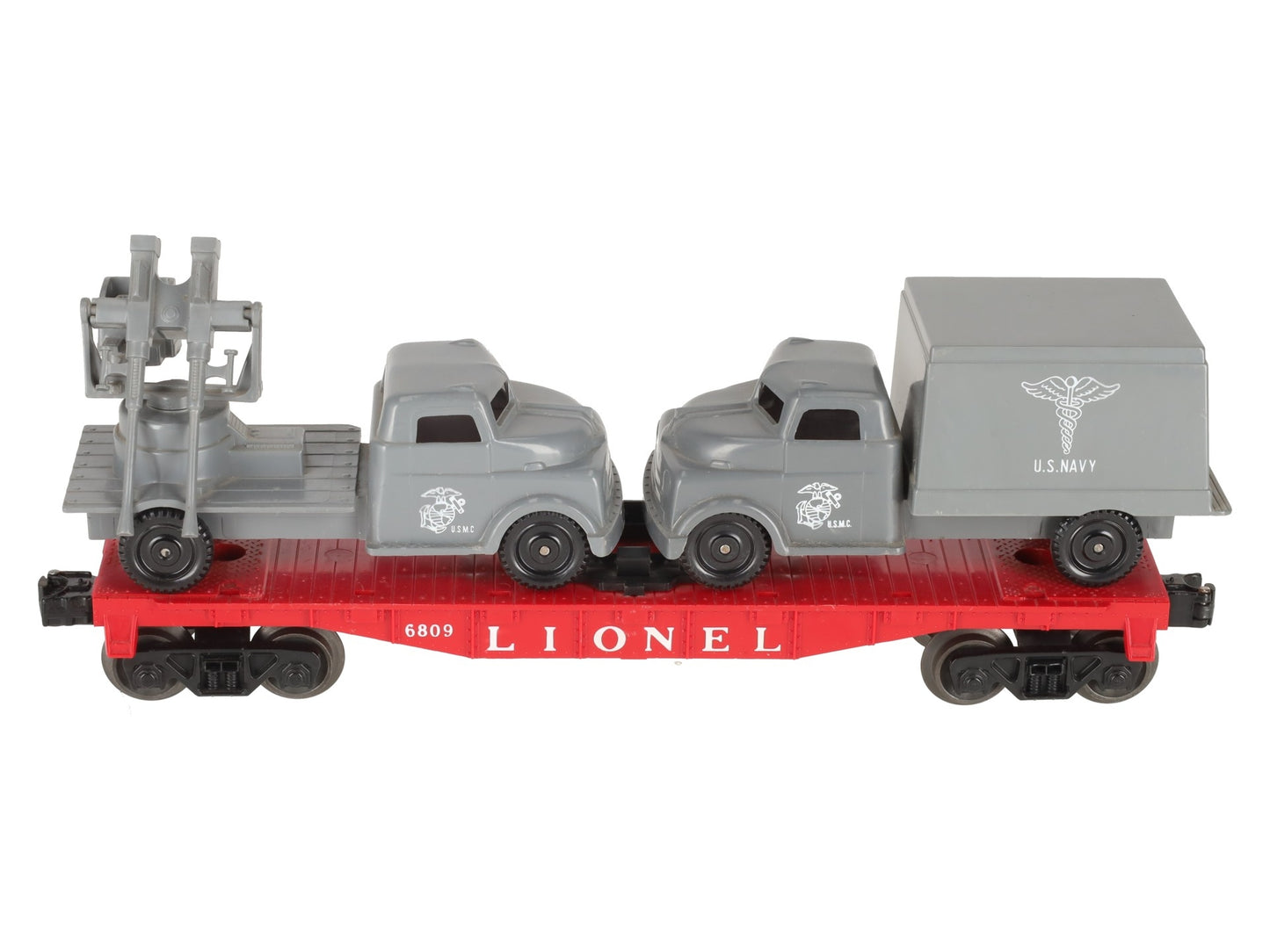 Lionel 6809 Vintage O Flatcar w/USMC AA Gun Truck & Medical Box Truck EX