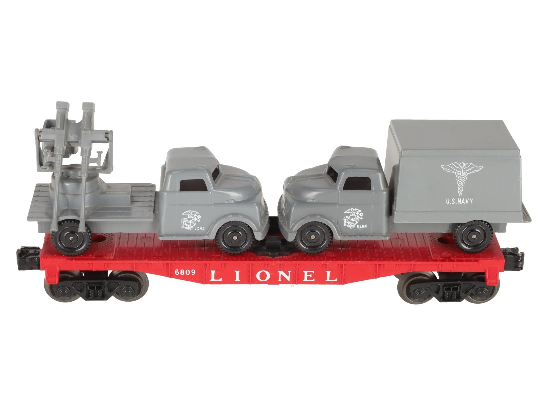 Lionel 6809 Vintage O Flatcar w/USMC AA Gun Truck & Medical Box Truck EX