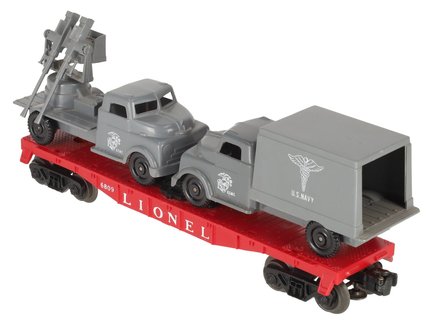 Lionel 6809 Vintage O Flatcar w/USMC AA Gun Truck & Medical Box Truck EX