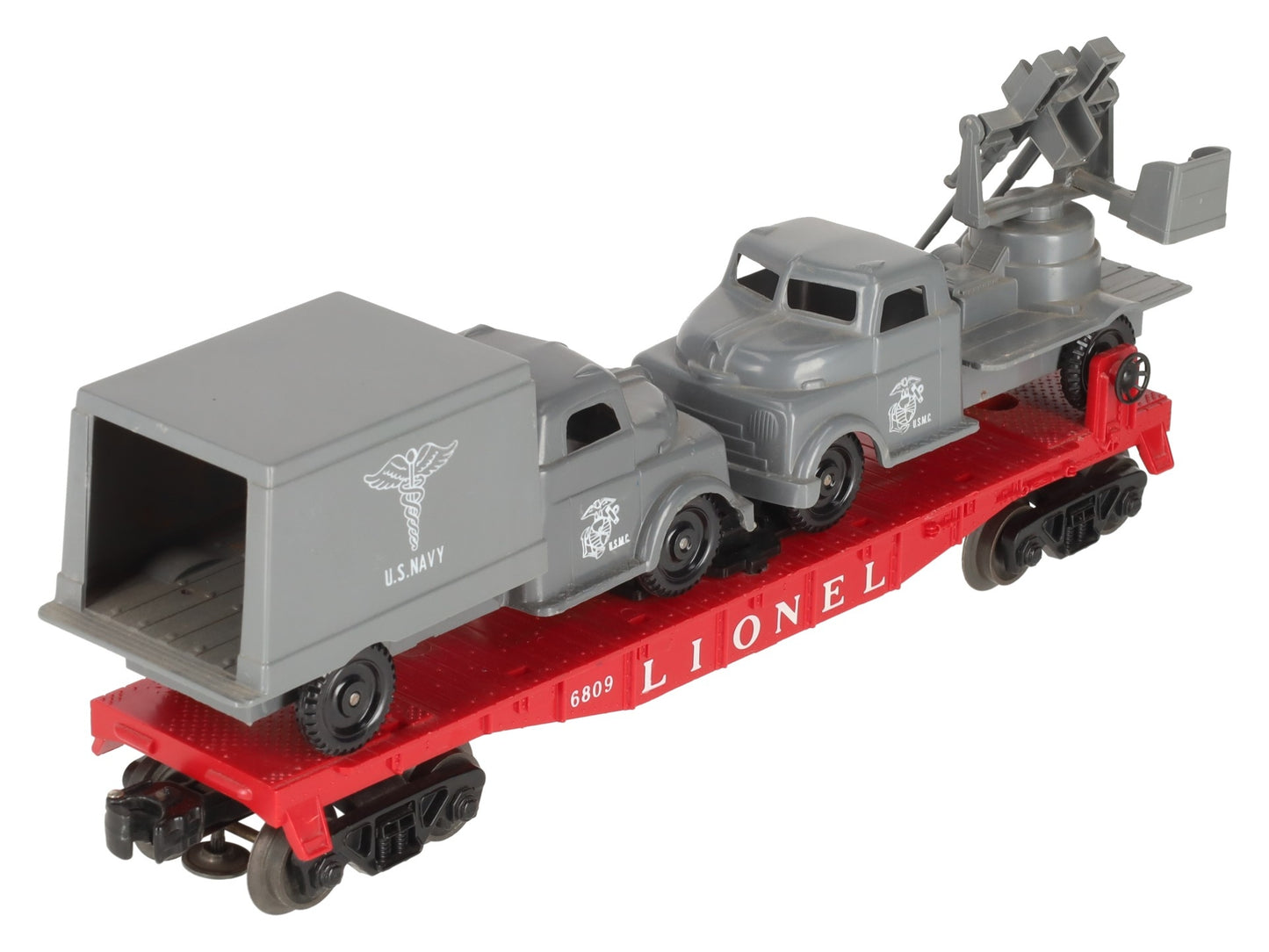 Lionel 6809 Vintage O Flatcar w/USMC AA Gun Truck & Medical Box Truck EX