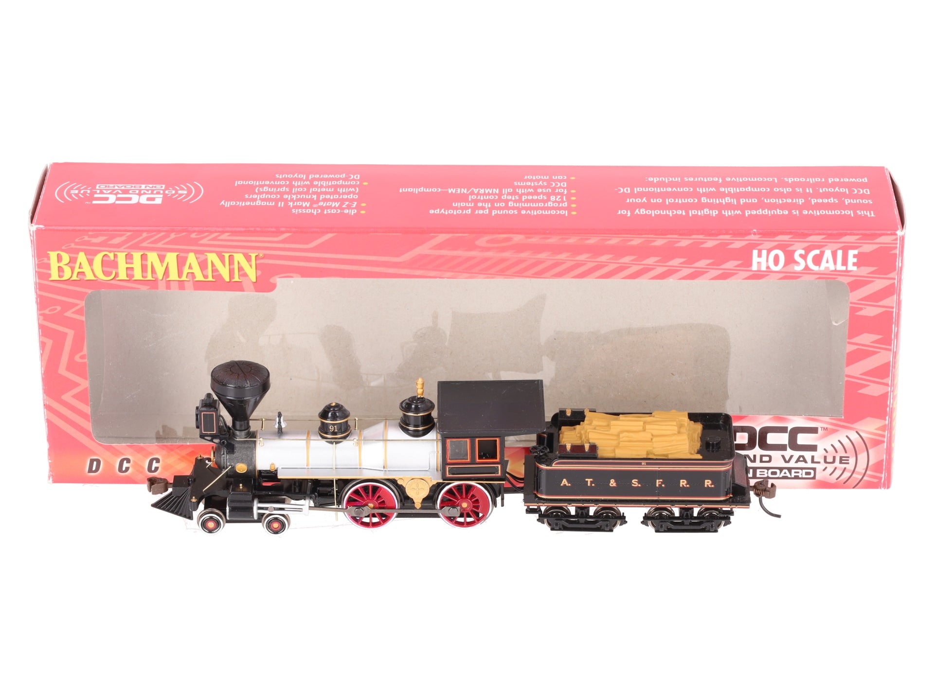 Bachmann 52704 HO Santa Fe 4-4-0 Steam Loco & Tender #91 with Sound & DCC LN/Box