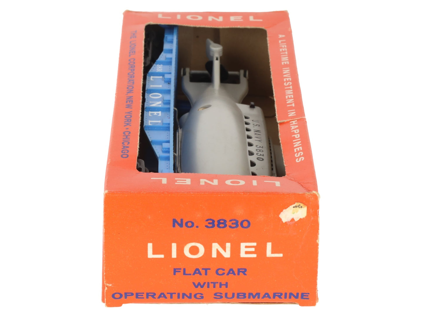 Lionel 3830 Vintage O Flatcar with Operating U.S. Navy Submarine EX/Box
