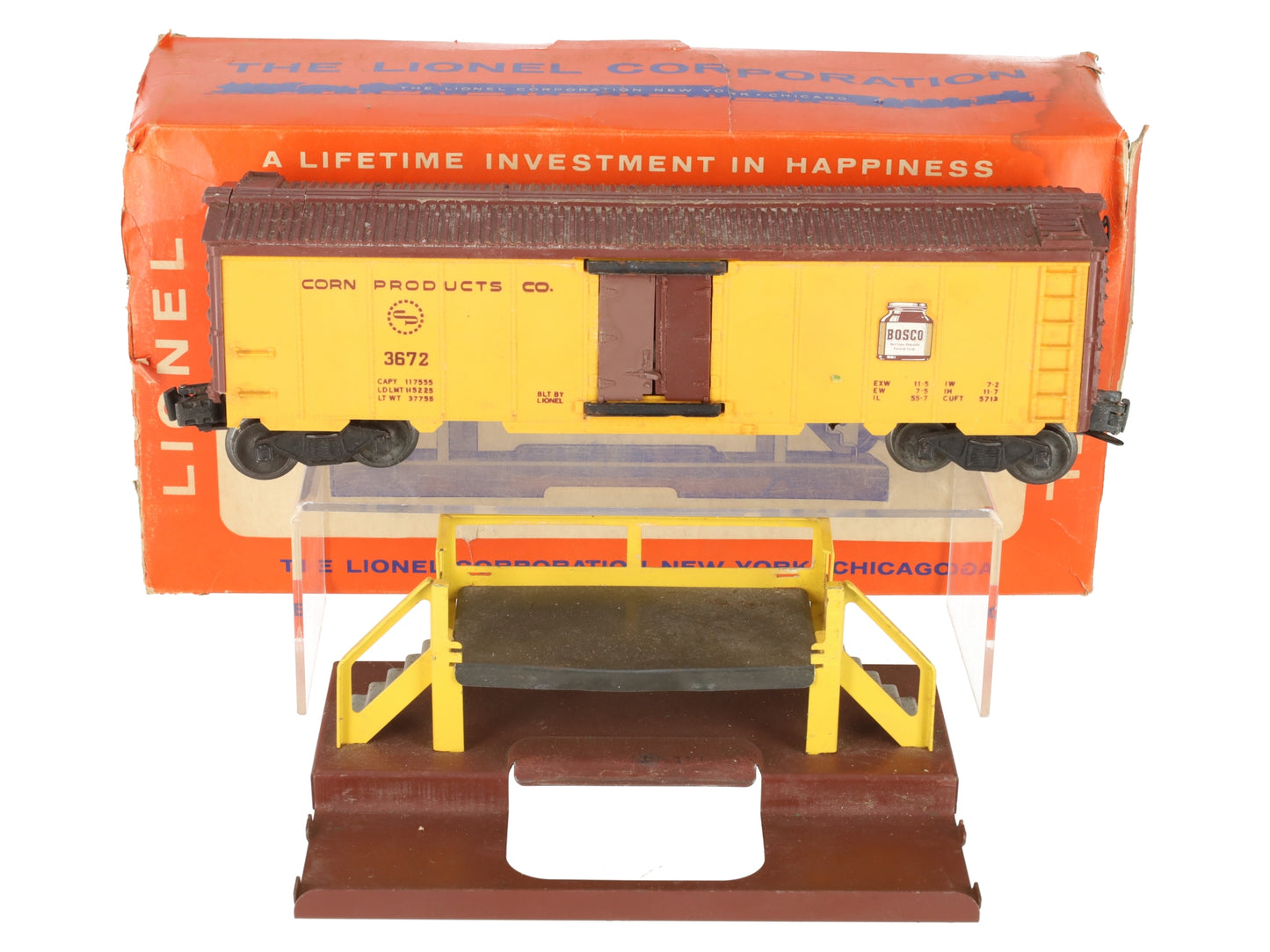 Lionel 3672 Vintage O Operating Bosco Milk Car with Platform VG/Box