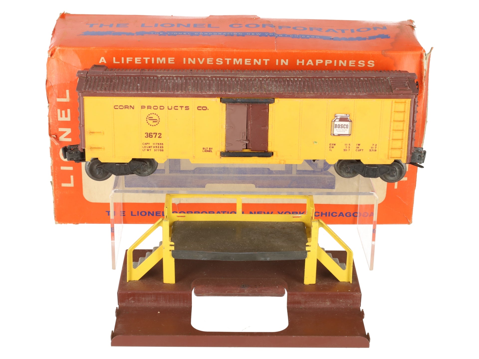 Lionel 3672 Vintage O Operating Bosco Milk Car with Platform VG/Box