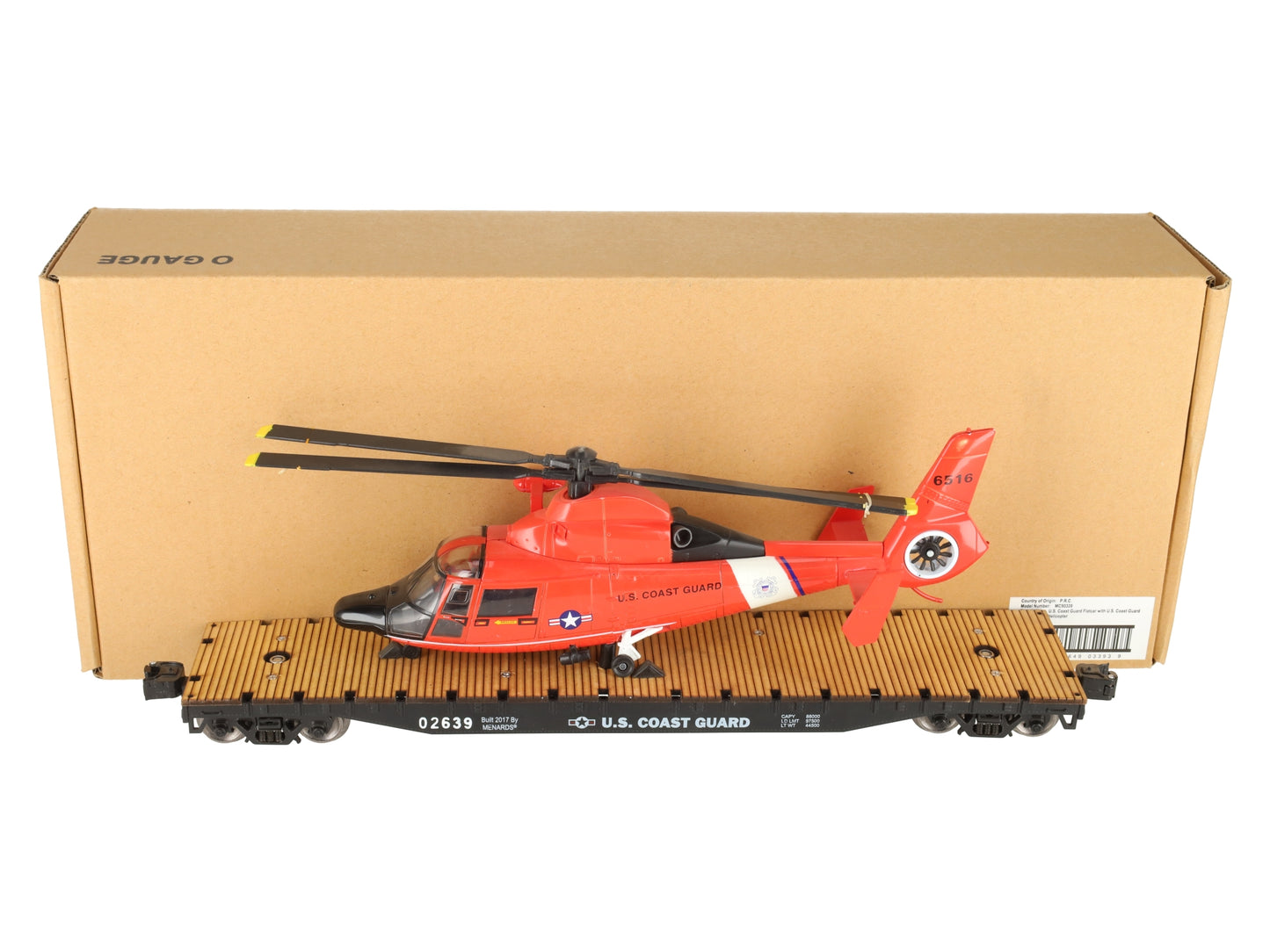 Menards 279-3396 O US Coast Guard Flat Car w/  Helicopter Load #02639/6516 EX/Box