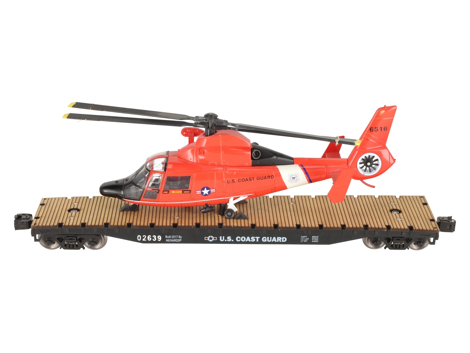 Menards 279-3396 O US Coast Guard Flat Car w/  Helicopter Load #02639/6516 EX/Box
