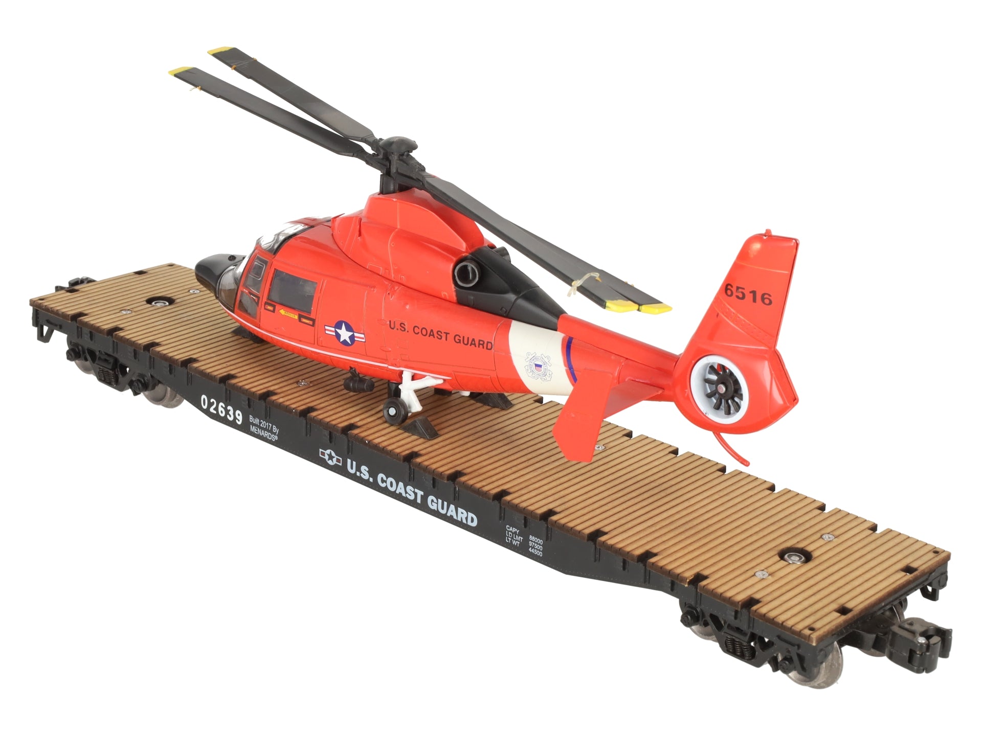 Menards 279-3396 O US Coast Guard Flat Car w/  Helicopter Load #02639/6516 EX/Box