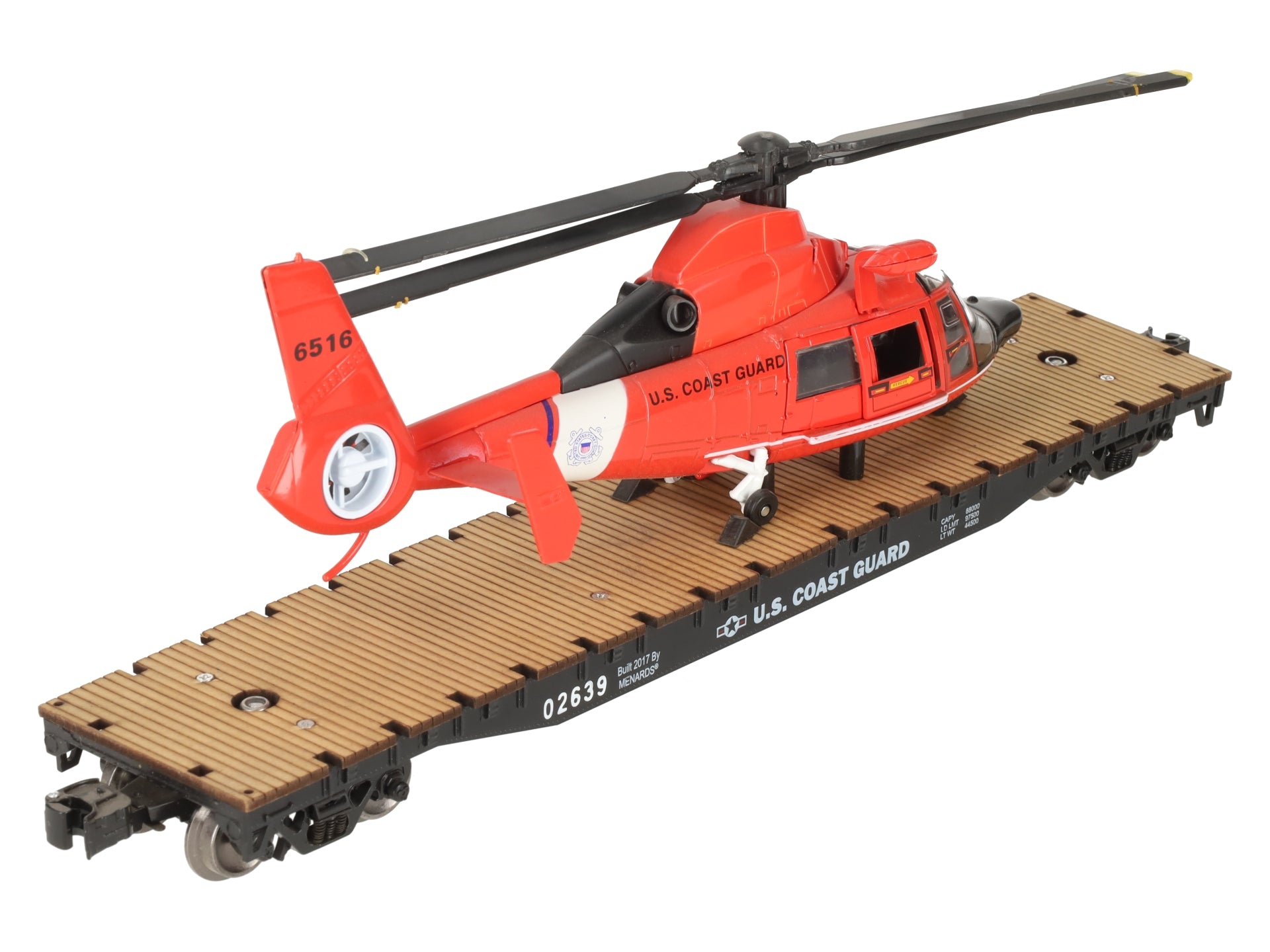 Menards 279-3396 O US Coast Guard Flat Car w/  Helicopter Load #02639/6516 EX/Box
