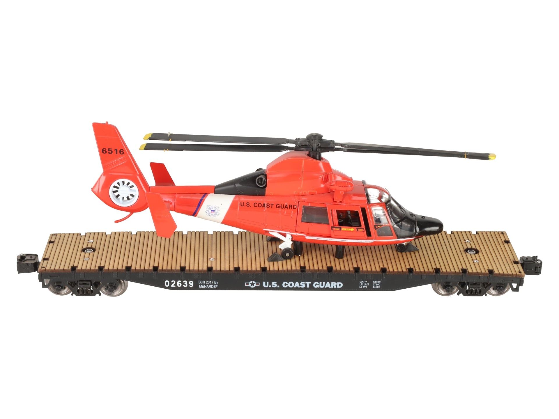 Menards 279-3396 O US Coast Guard Flat Car w/  Helicopter Load #02639/6516 EX/Box