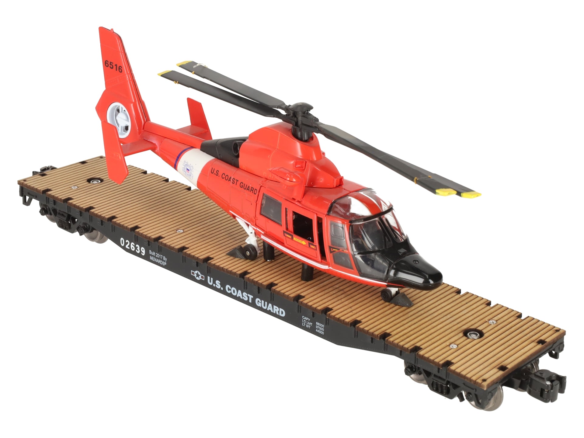 Menards 279-3396 O US Coast Guard Flat Car w/  Helicopter Load #02639/6516 EX/Box