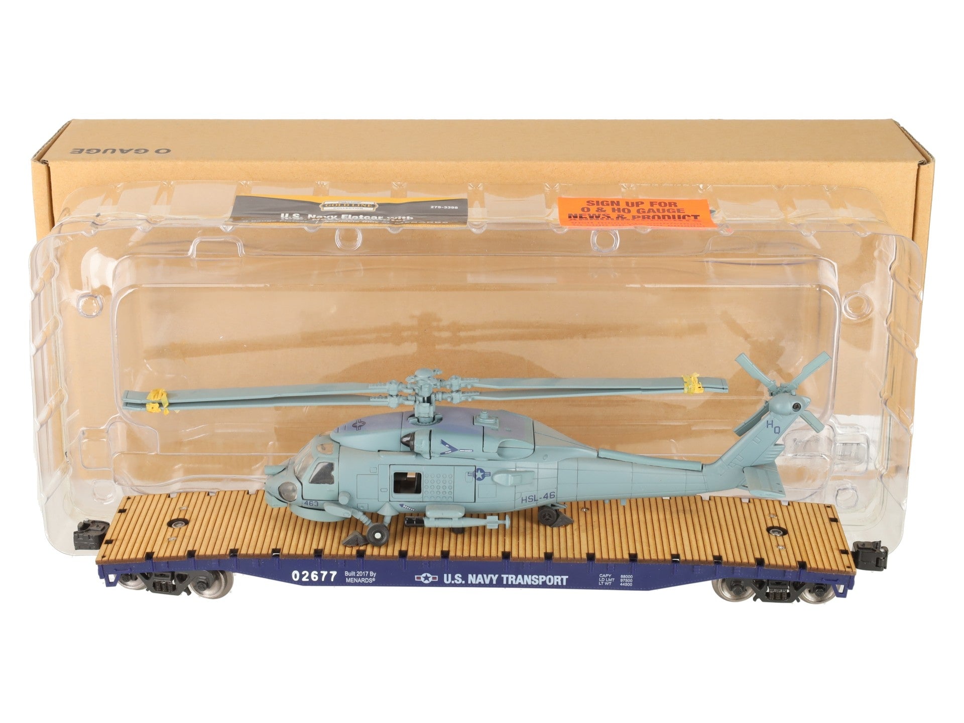 Menards 279-3398 O US Navy Flatcar w/ Navy Helicopter #02677 EX/Box