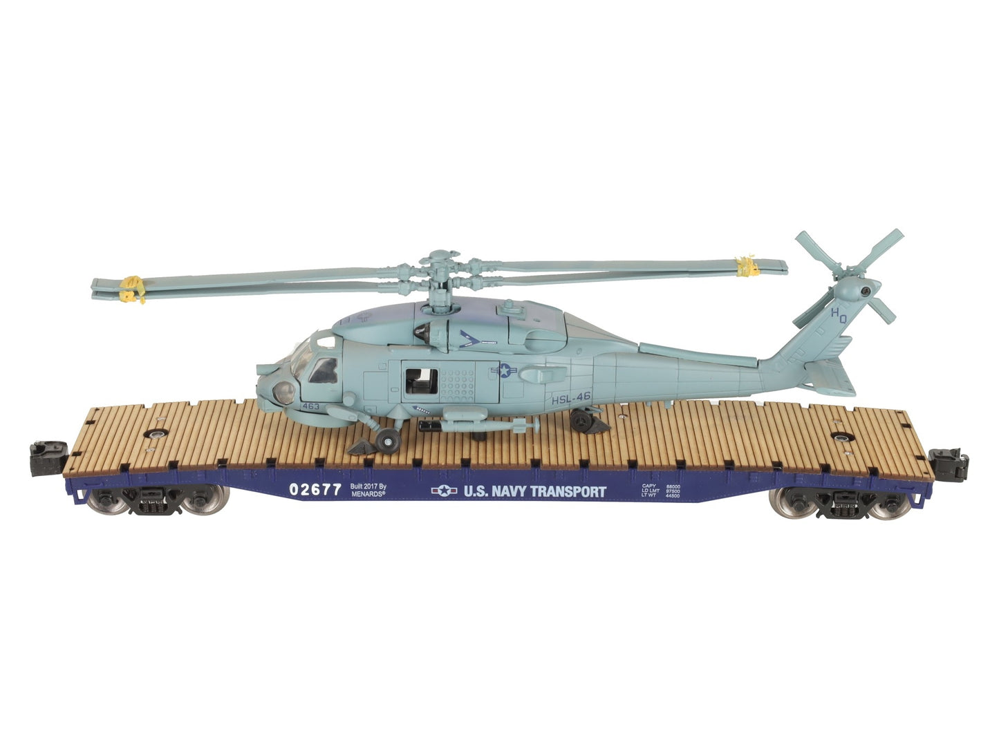 Menards 279-3398 O US Navy Flatcar w/ Navy Helicopter #02677 EX/Box