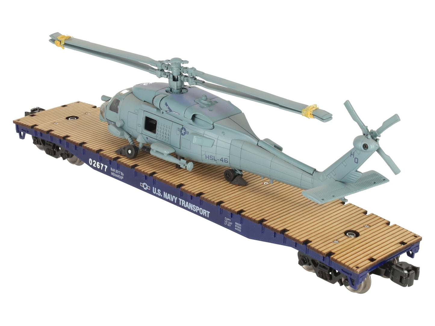 Menards 279-3398 O US Navy Flatcar w/ Navy Helicopter #02677 EX/Box