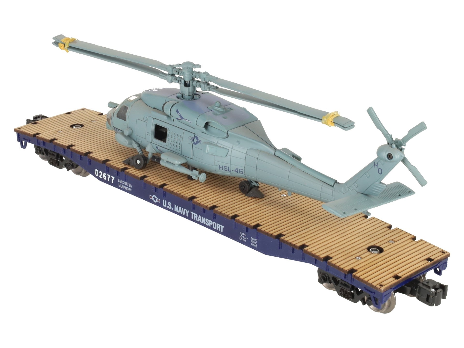 Menards 279-3398 O US Navy Flatcar w/ Navy Helicopter #02677 EX/Box