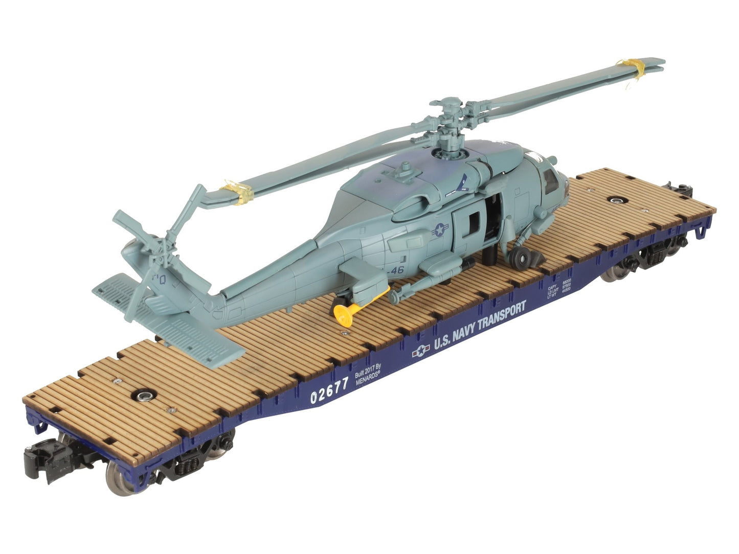 Menards 279-3398 O US Navy Flatcar w/ Navy Helicopter #02677 EX/Box