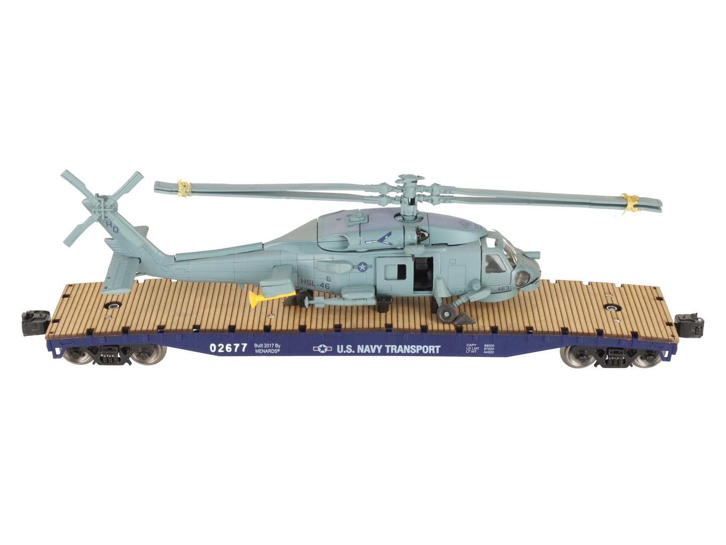 Menards 279-3398 O US Navy Flatcar w/ Navy Helicopter #02677 EX/Box