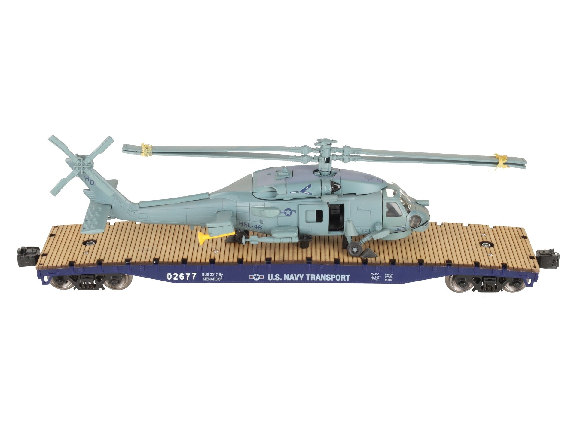Menards 279-3398 O US Navy Flatcar w/ Navy Helicopter #02677 EX/Box